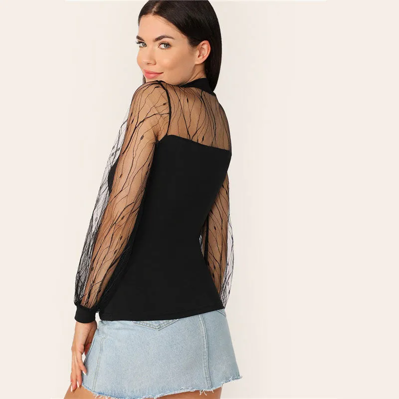 Women's Summer Mesh Long-Sleeved Blouse With Lace