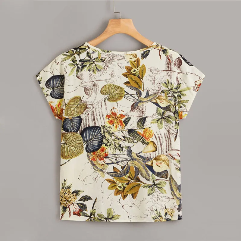 Women's Summer O-Neck Rayon Short-Sleeved Blouse With Print