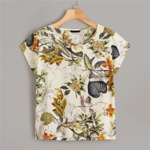 Women's Summer O-Neck Rayon Short-Sleeved Blouse With Print