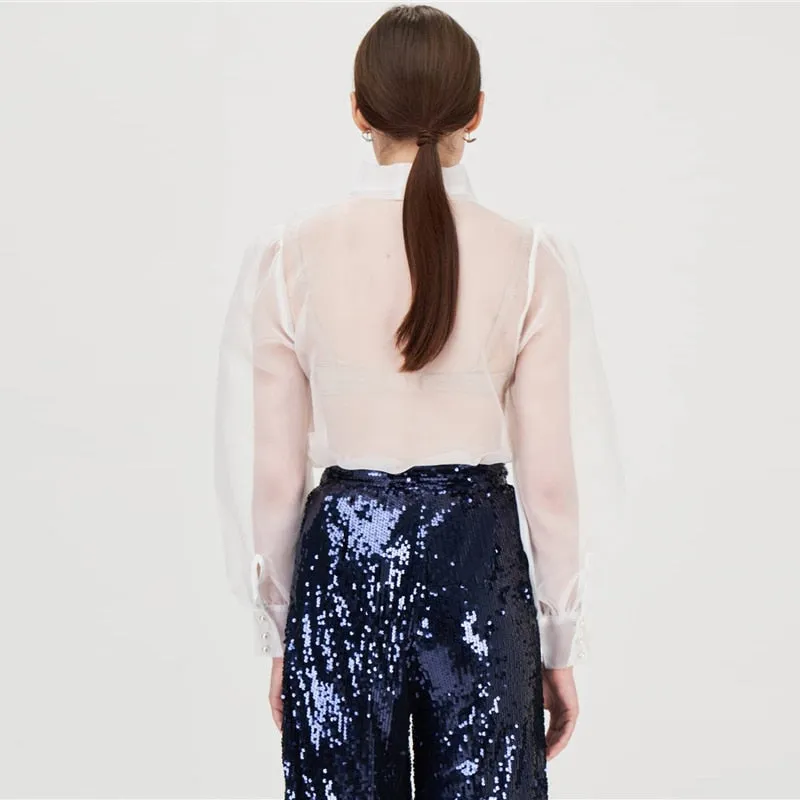 Women's Summer Polyester Mesh Puff-Sleeved Blouse