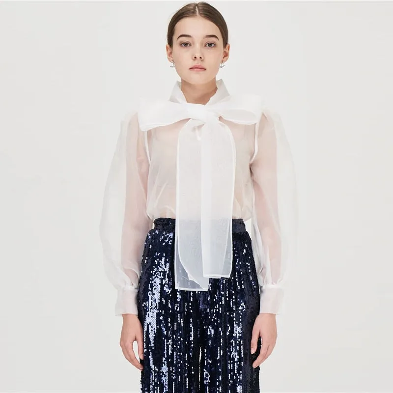 Women's Summer Polyester Mesh Puff-Sleeved Blouse
