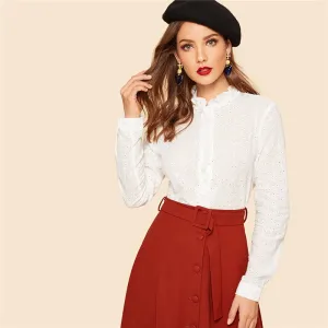 Women's Summer Polyester Mock-Neck Blouse With Ruffles