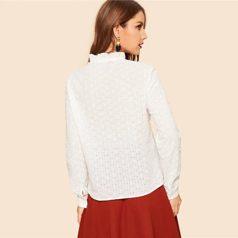 Women's Summer Polyester Mock-Neck Blouse With Ruffles