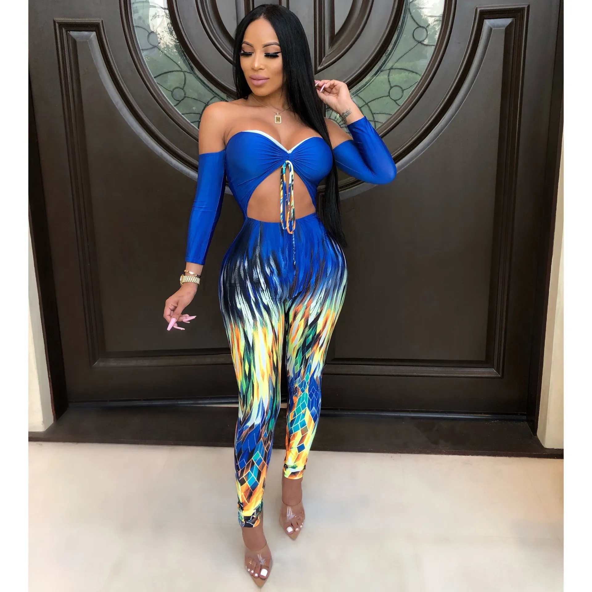 Women's Summer Polyester Off-Shoulder Jumpsuit With Print