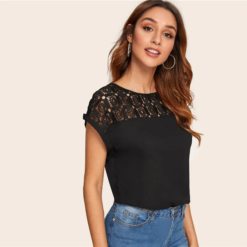 Women's Summer Short-Sleeved O-Neck Lace Blouse