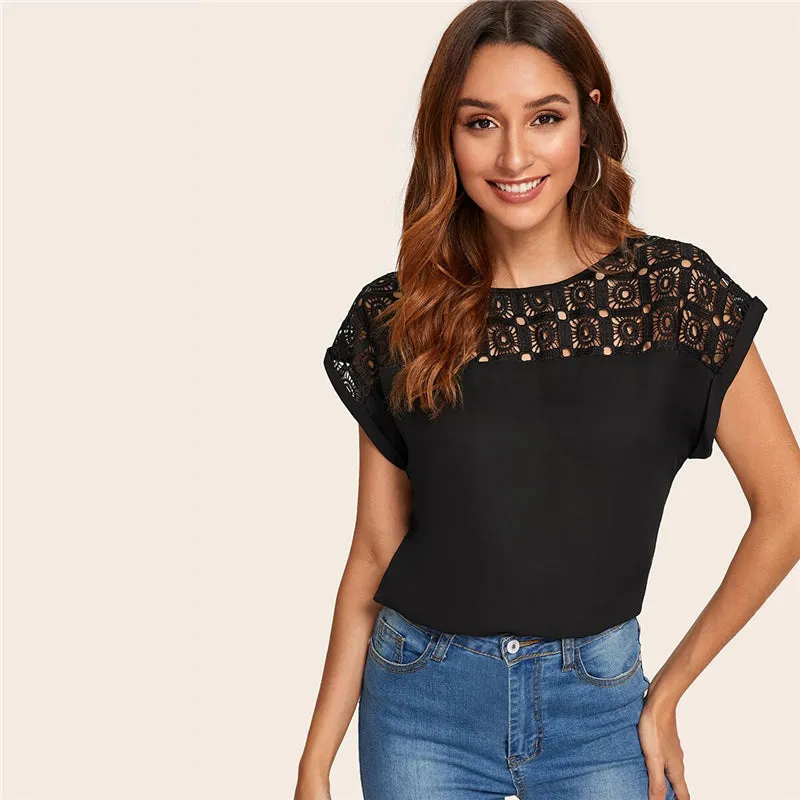 Women's Summer Short-Sleeved O-Neck Lace Blouse