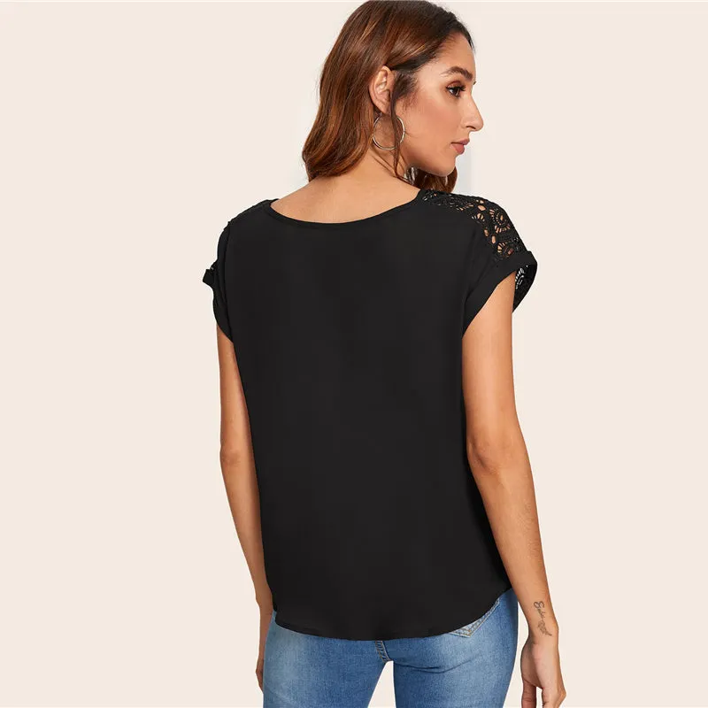 Women's Summer Short-Sleeved O-Neck Lace Blouse