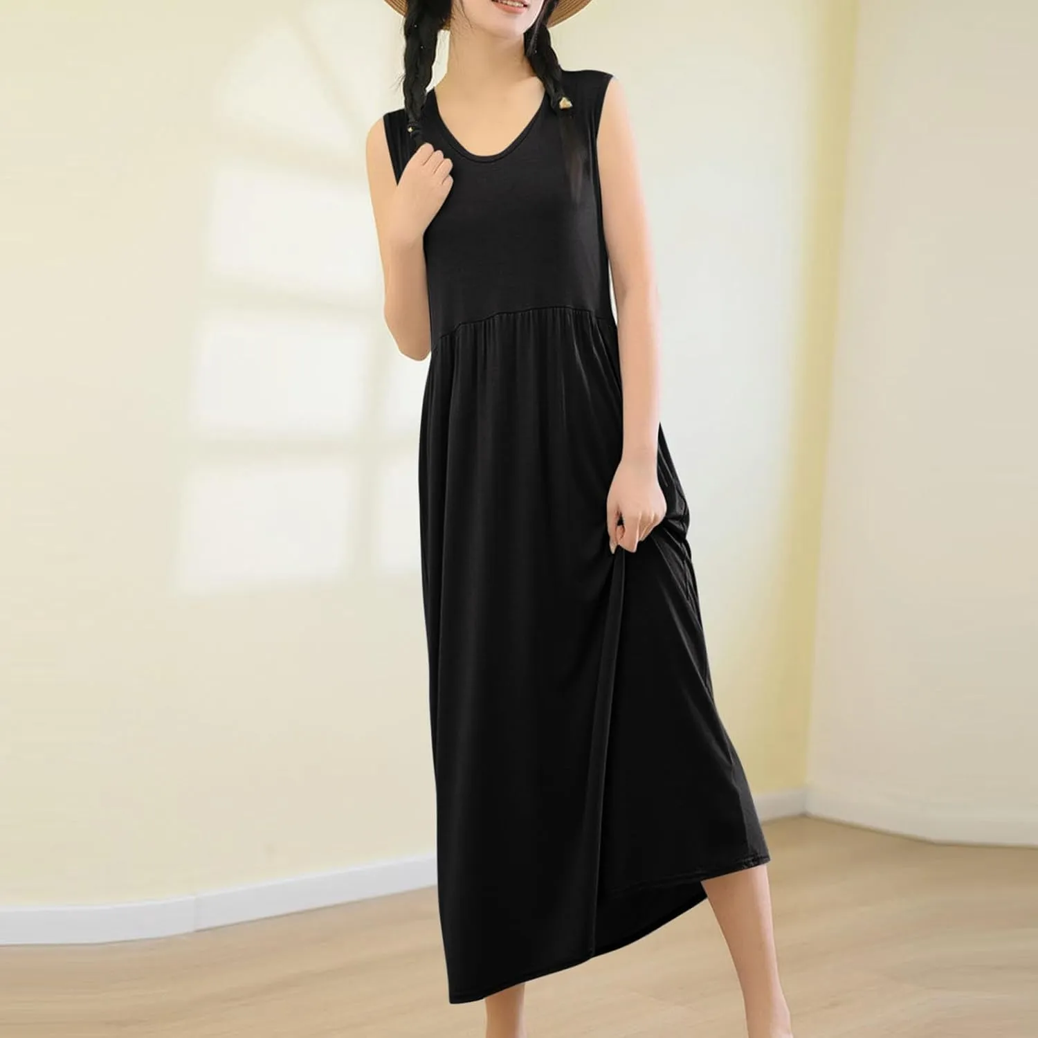 Women's Summer Sleeveless Nightgown Loose Crew Neck Pleated Sleepshirts Comfy Soft Modal Sleepwear Nightdress