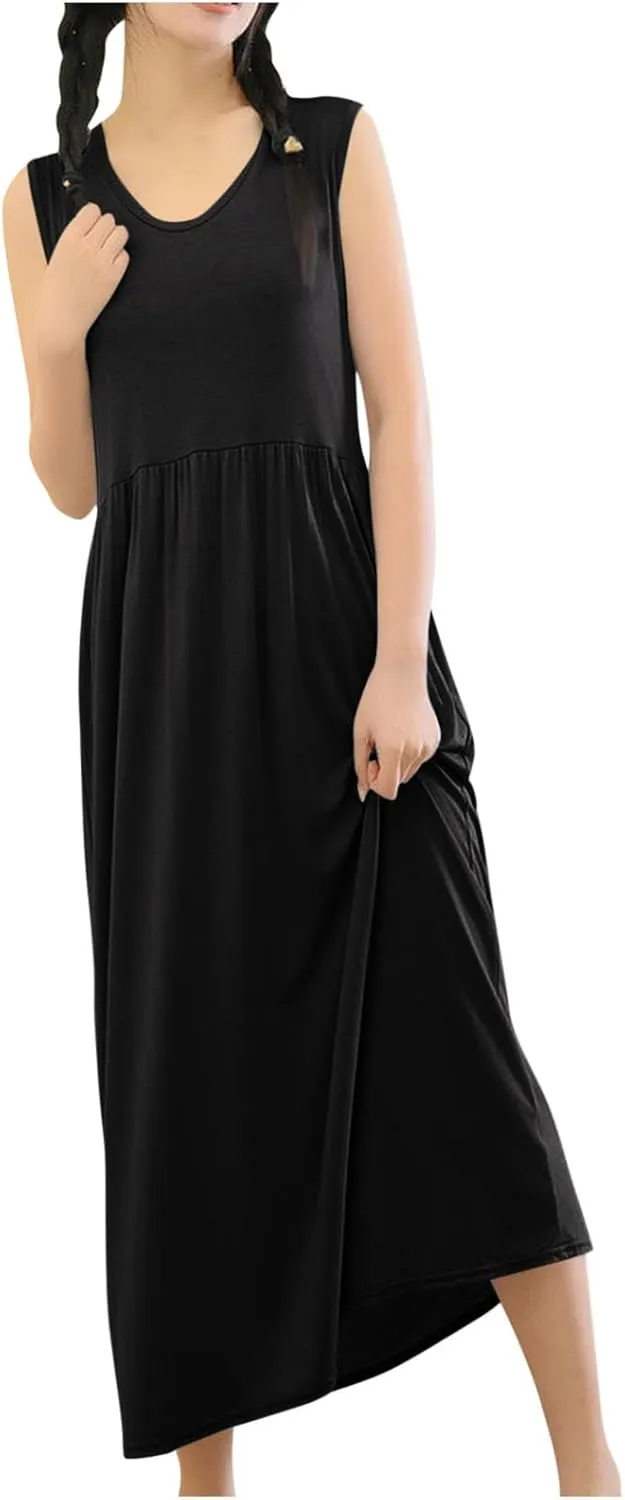 Women's Summer Sleeveless Nightgown Loose Crew Neck Pleated Sleepshirts Comfy Soft Modal Sleepwear Nightdress
