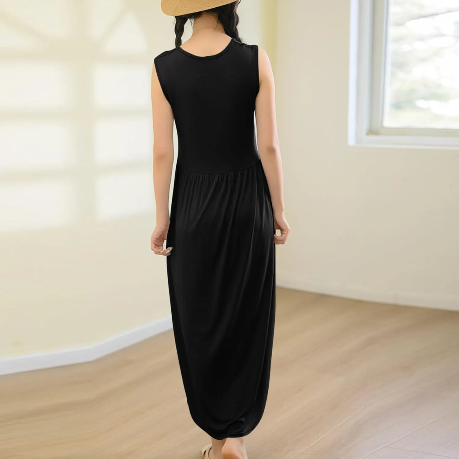 Women's Summer Sleeveless Nightgown Loose Crew Neck Pleated Sleepshirts Comfy Soft Modal Sleepwear Nightdress