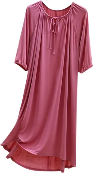 Women's Summer Soft Modal Nightgown Laceup Front Loose Crew Neck Pleated Sleepshirts Half Sleeve Comfy Sleepwear Nightdress