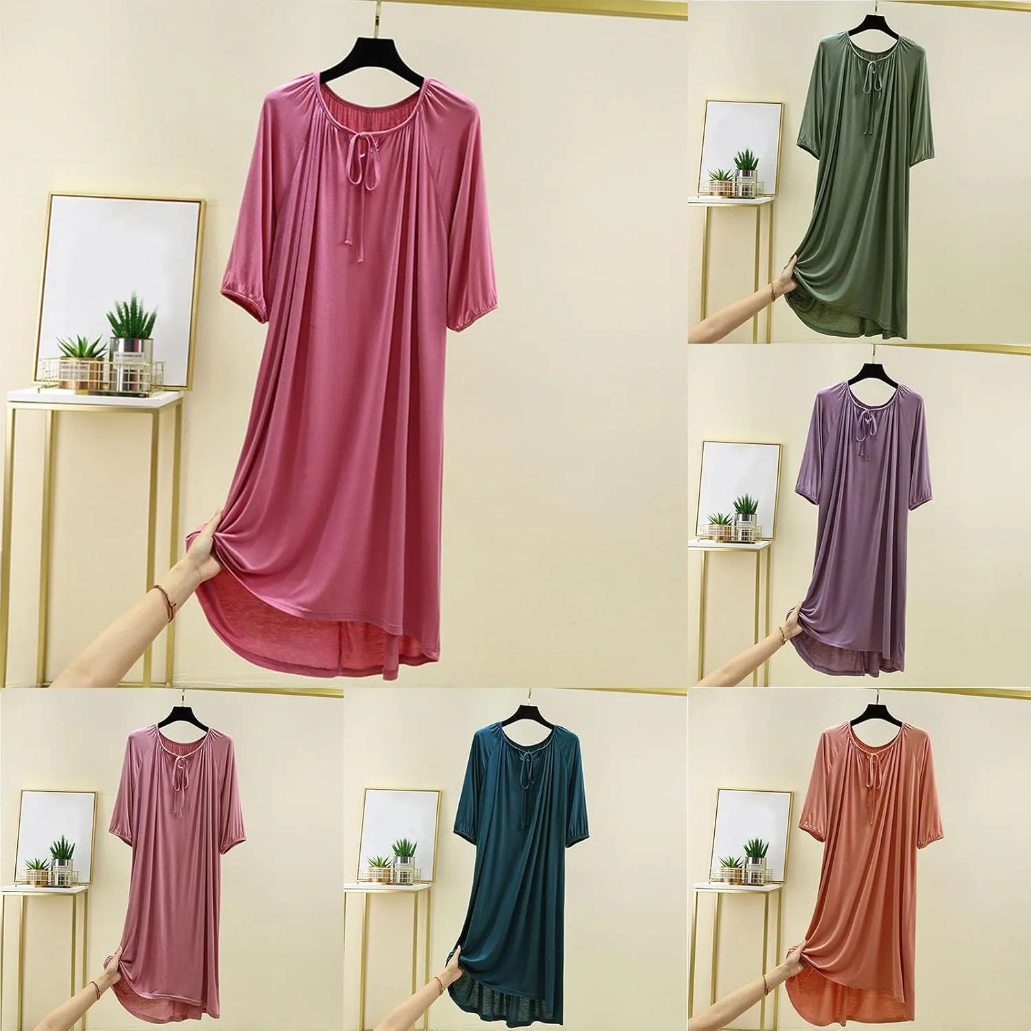 Women's Summer Soft Modal Nightgown Laceup Front Loose Crew Neck Pleated Sleepshirts Half Sleeve Comfy Sleepwear Nightdress