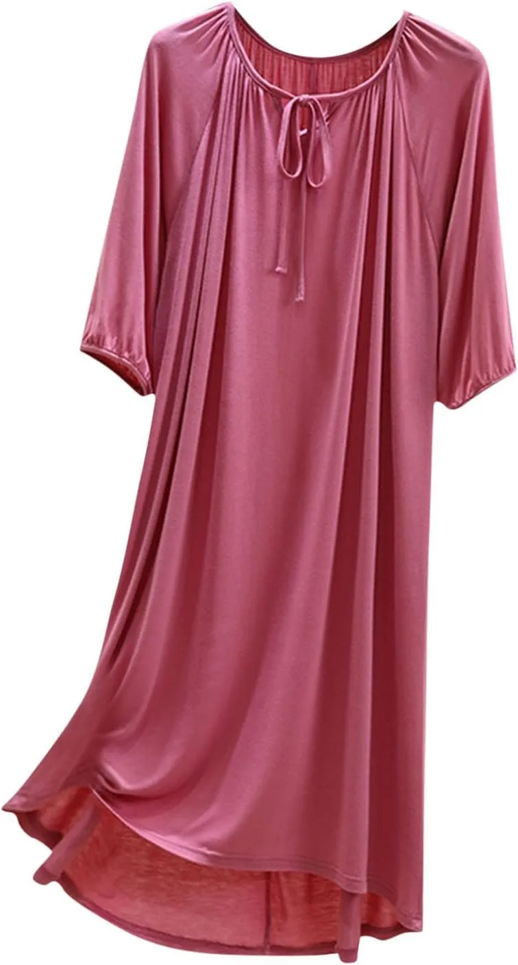 Women's Summer Soft Modal Nightgown Laceup Front Loose Crew Neck Pleated Sleepshirts Half Sleeve Comfy Sleepwear Nightdress
