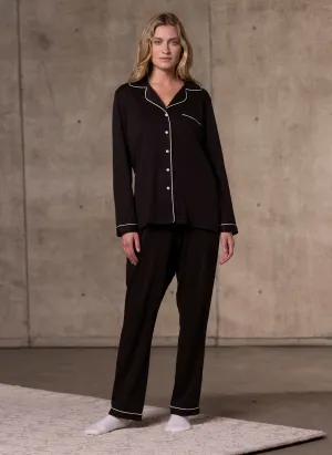 Women's Supima® Cotton Long Sleeve Top and Bottom Pajama Set in Black