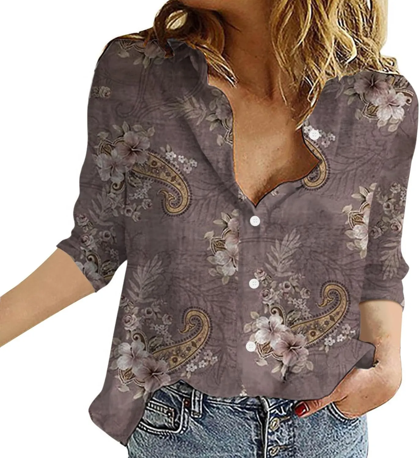 Womens Tops Long Sleeve Short Sleeved Shirt Bat Sleeves Large Size Loose Waisted Cotton Button Down Shirts for