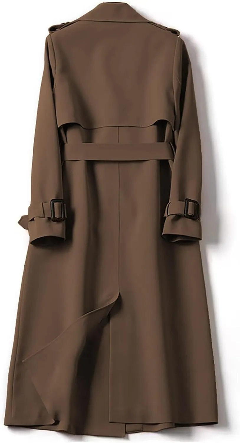 Women's Trench Coat Long Double Breasted Jacket Classic Elegant Windproof Lapel Overcoat with Belt Fall Winter Outwear