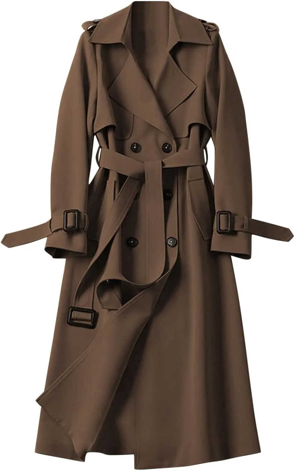 Women's Trench Coat Long Double Breasted Jacket Classic Elegant Windproof Lapel Overcoat with Belt Fall Winter Outwear