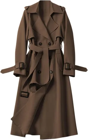 Women's Trench Coat Long Double Breasted Jacket Classic Elegant Windproof Lapel Overcoat with Belt Fall Winter Outwear