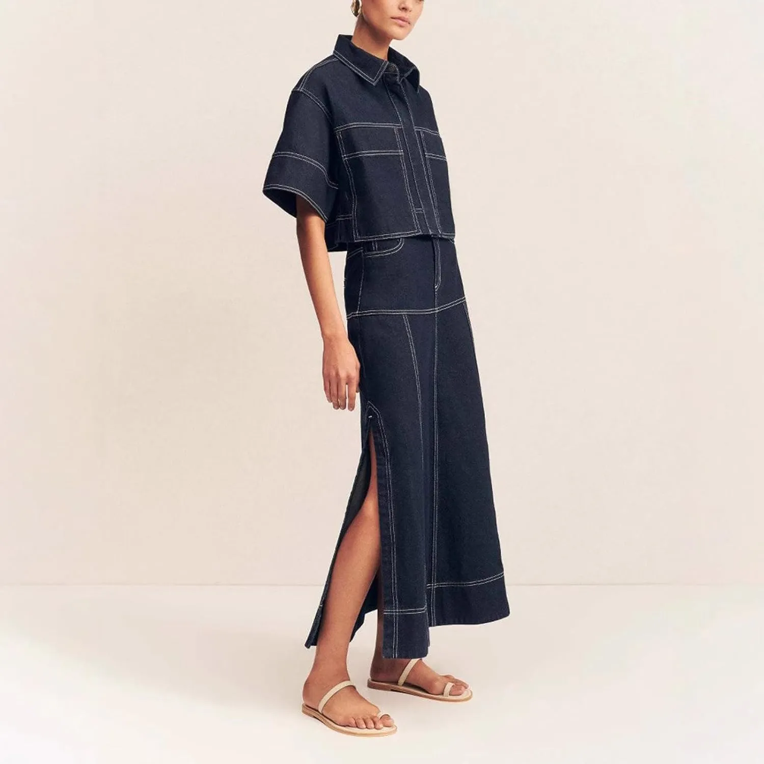 Women's two-piece casual top and skirt button up party short sleeved shirt denim skirt set