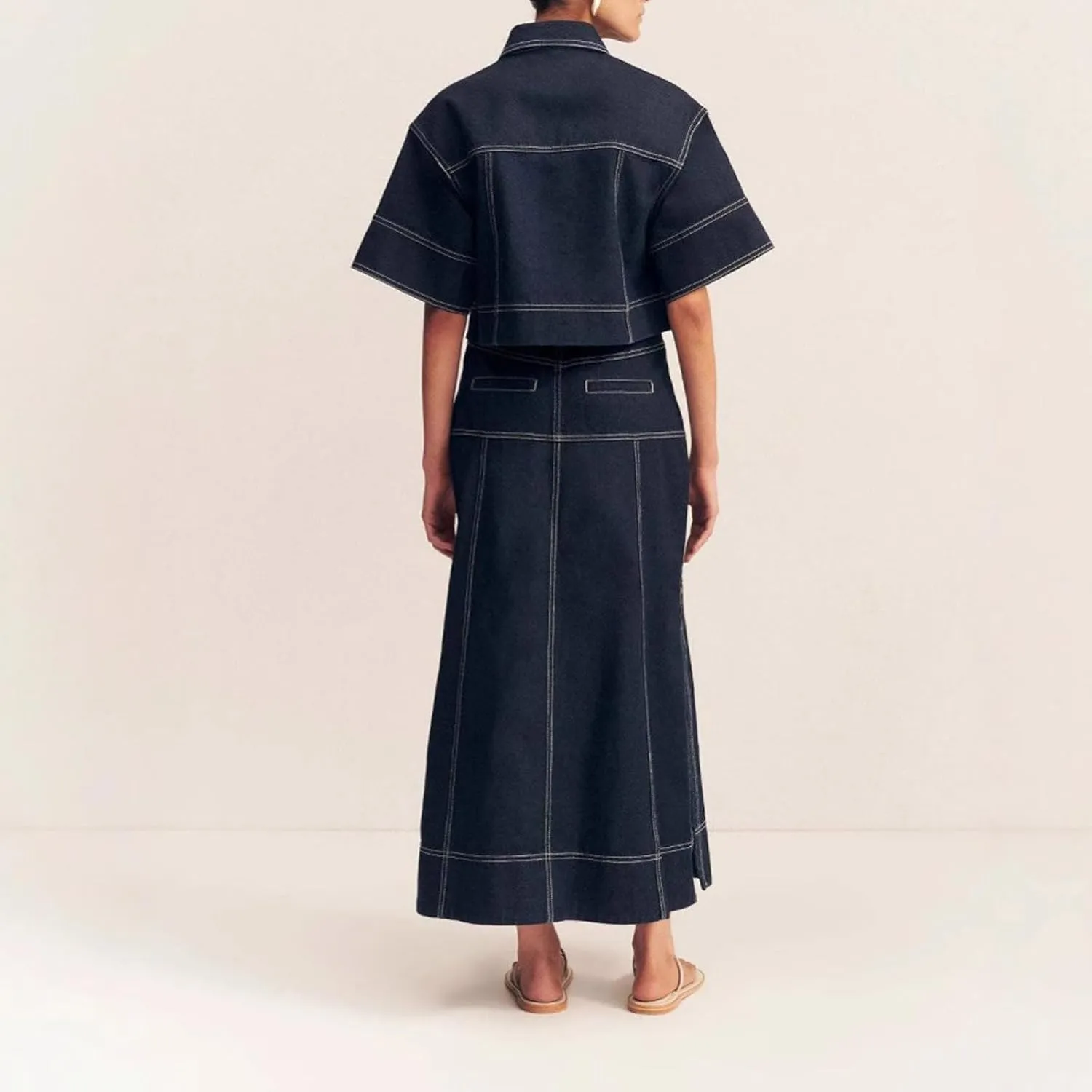 Women's two-piece casual top and skirt button up party short sleeved shirt denim skirt set