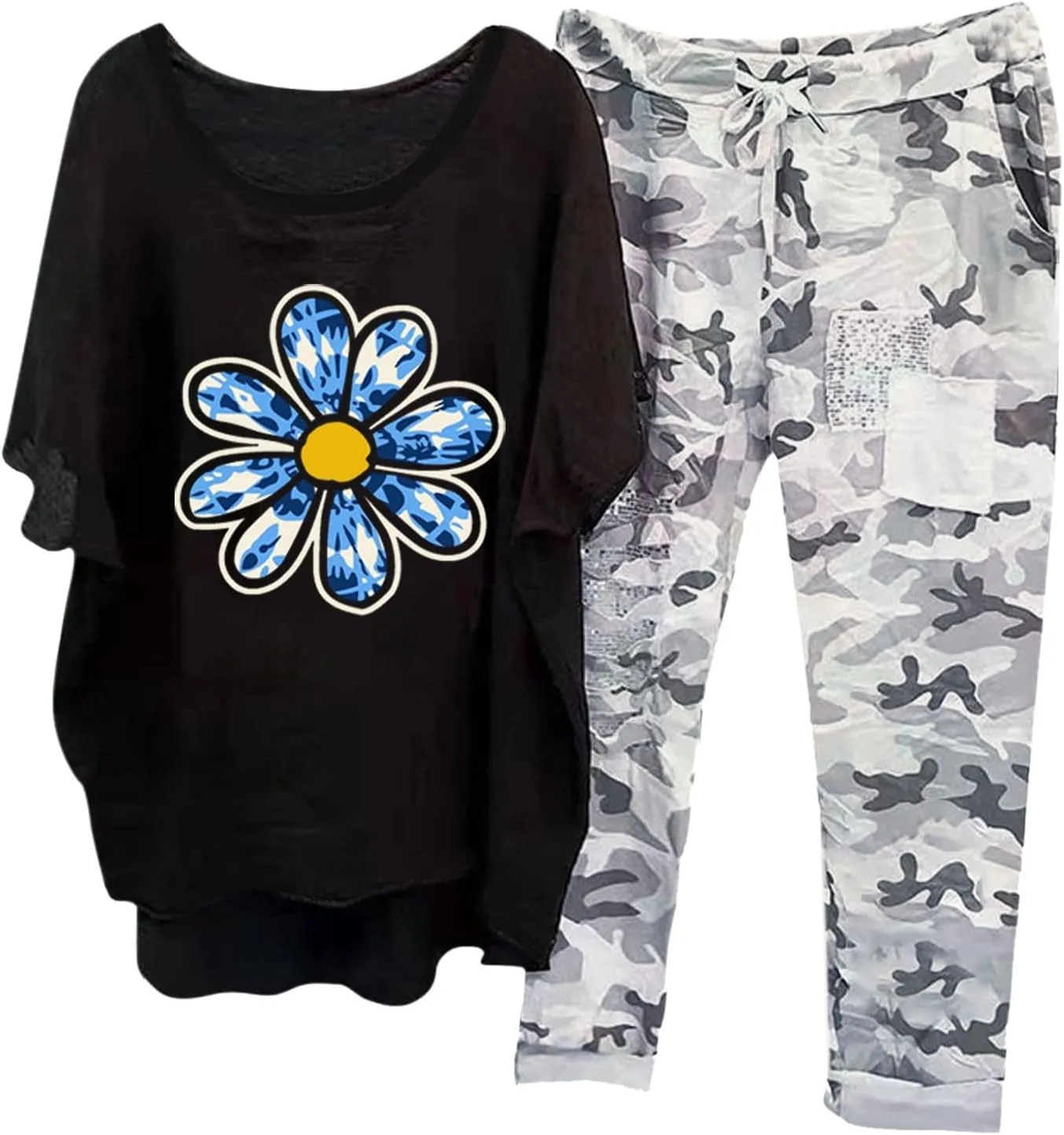 Womens Two Piece Sets Fashion Floral Printed Half Sleeve Tops Vintage Printed Pants Summer Cotton Linen Outfits