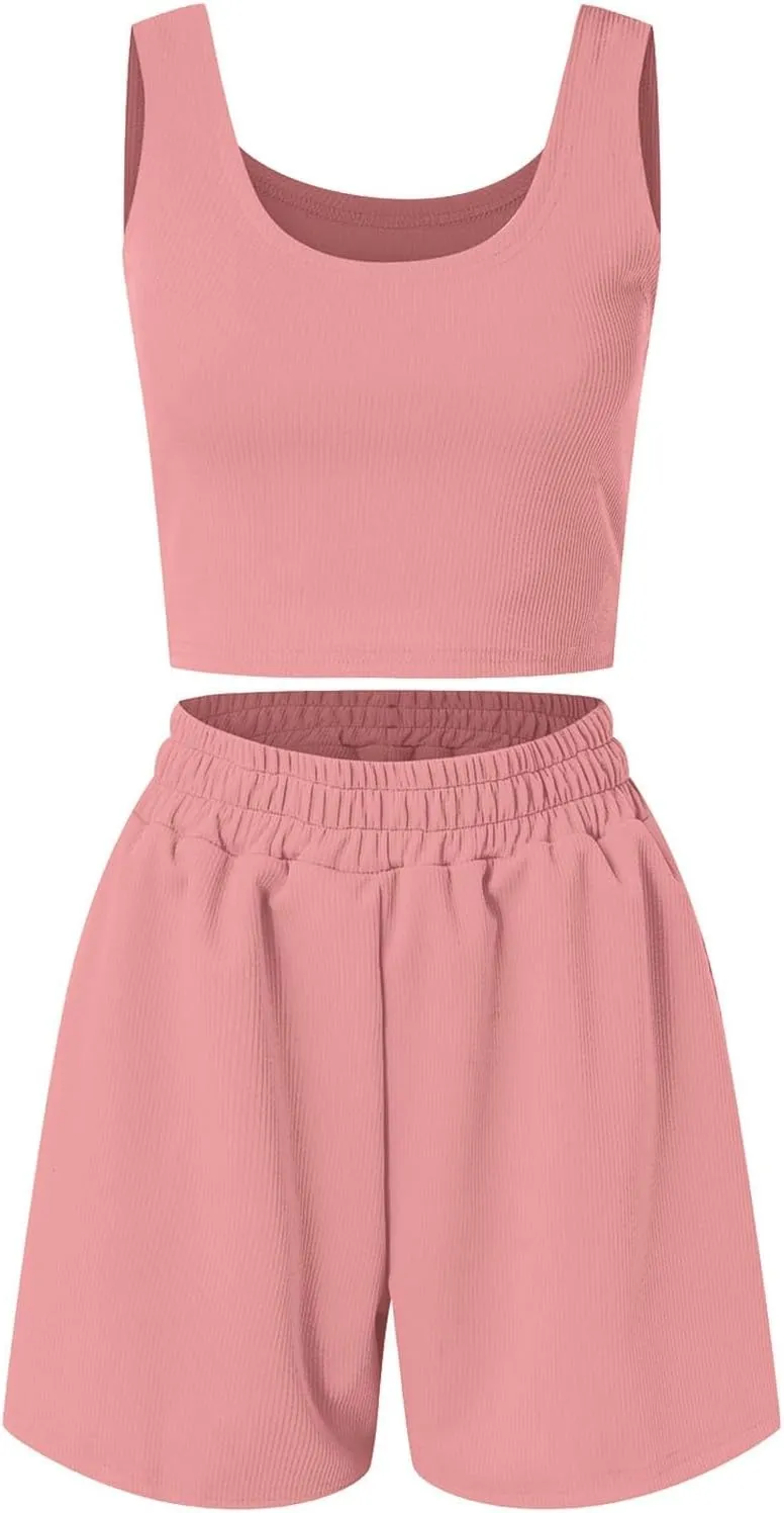 Women's Two Piece Summer Outfits Sleeveless Matching Lounge Crop Tops High Waisted Shorts Workout Sweatsuits