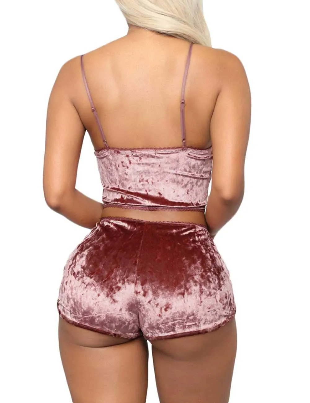 Women's Velvet 2 Piece Outfit Spaghetti Strap Sleeveless Crop Top  Shorts Set Pink L