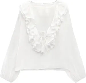 Women's Versatile V-Neck Loose Long Sleeved Ruffled Bow Tie Shirt Top