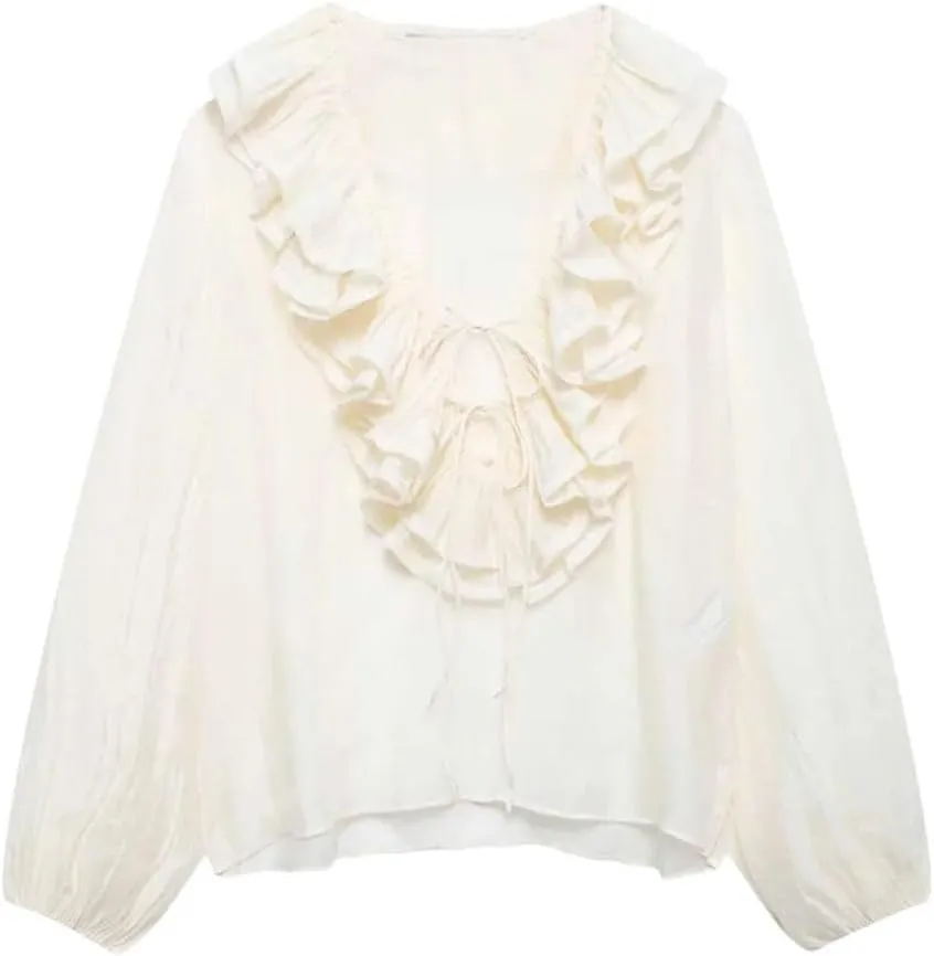 Women's Versatile V-Neck Loose Long Sleeved Ruffled Bow Tie Shirt Top