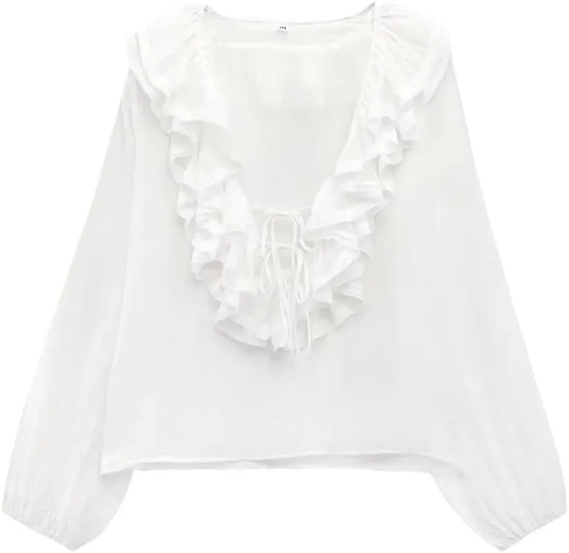 Women's Versatile V-Neck Loose Long Sleeved Ruffled Bow Tie Shirt Top