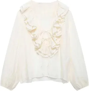 Women's Versatile V-Neck Loose Long Sleeved Ruffled Bow Tie Shirt Top