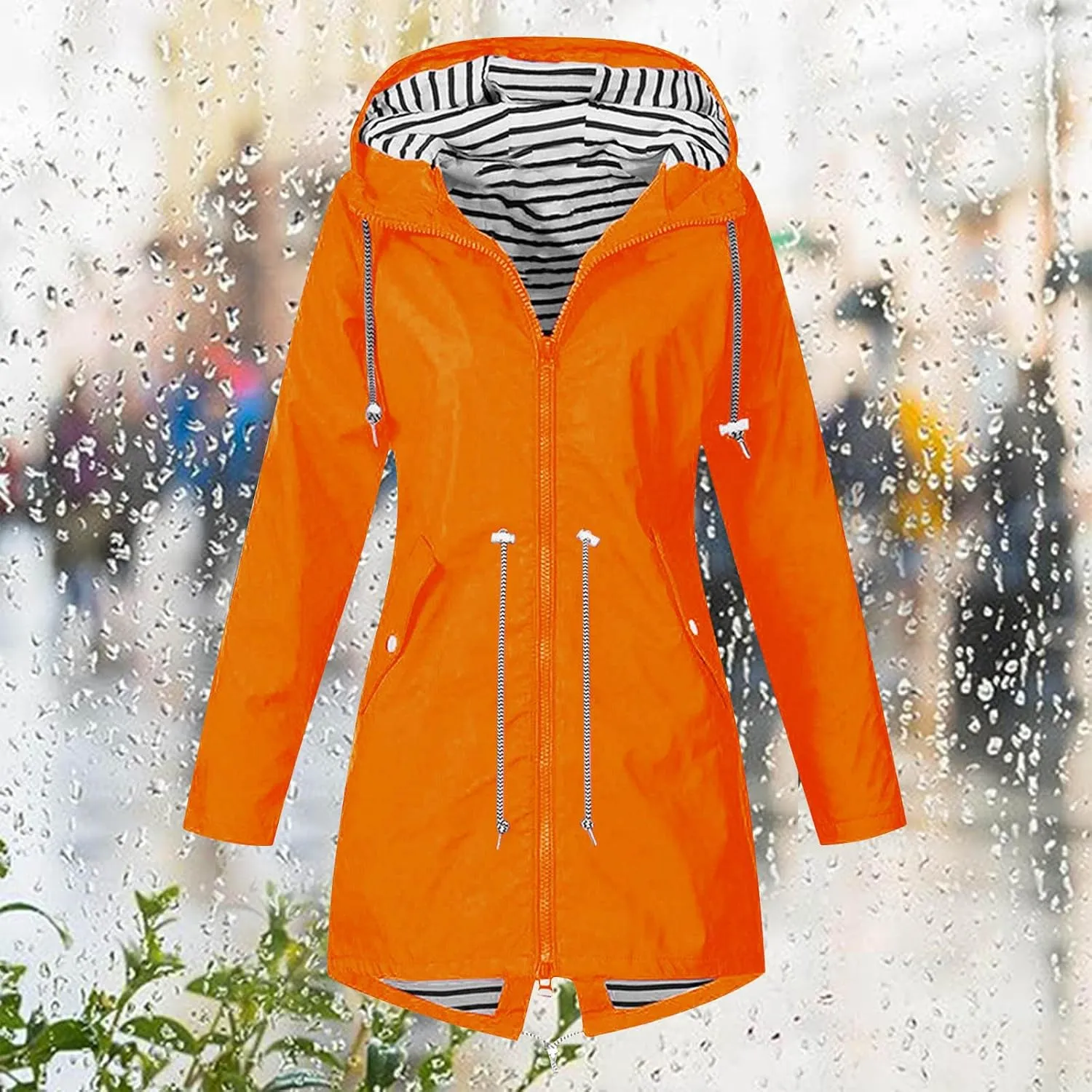 Womens Waterproof Rain Jacket Lightweight Midi Raincoat Lined Rain Coat Outdoor Hooded Soft Lightweight Windbreaker