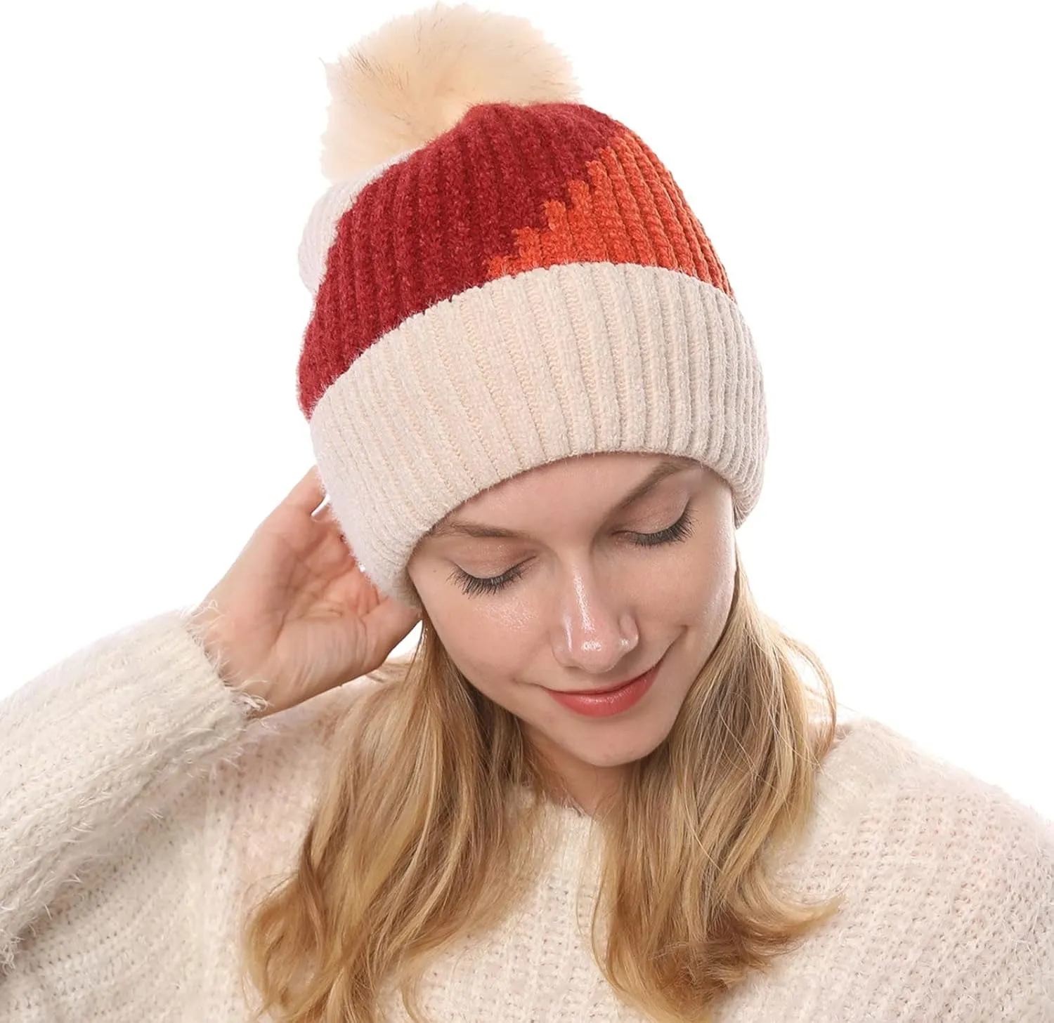 Womens Winter Beanie Hat Fashion Knit Warm Skull Cap with Pom Pom Beanie for Women