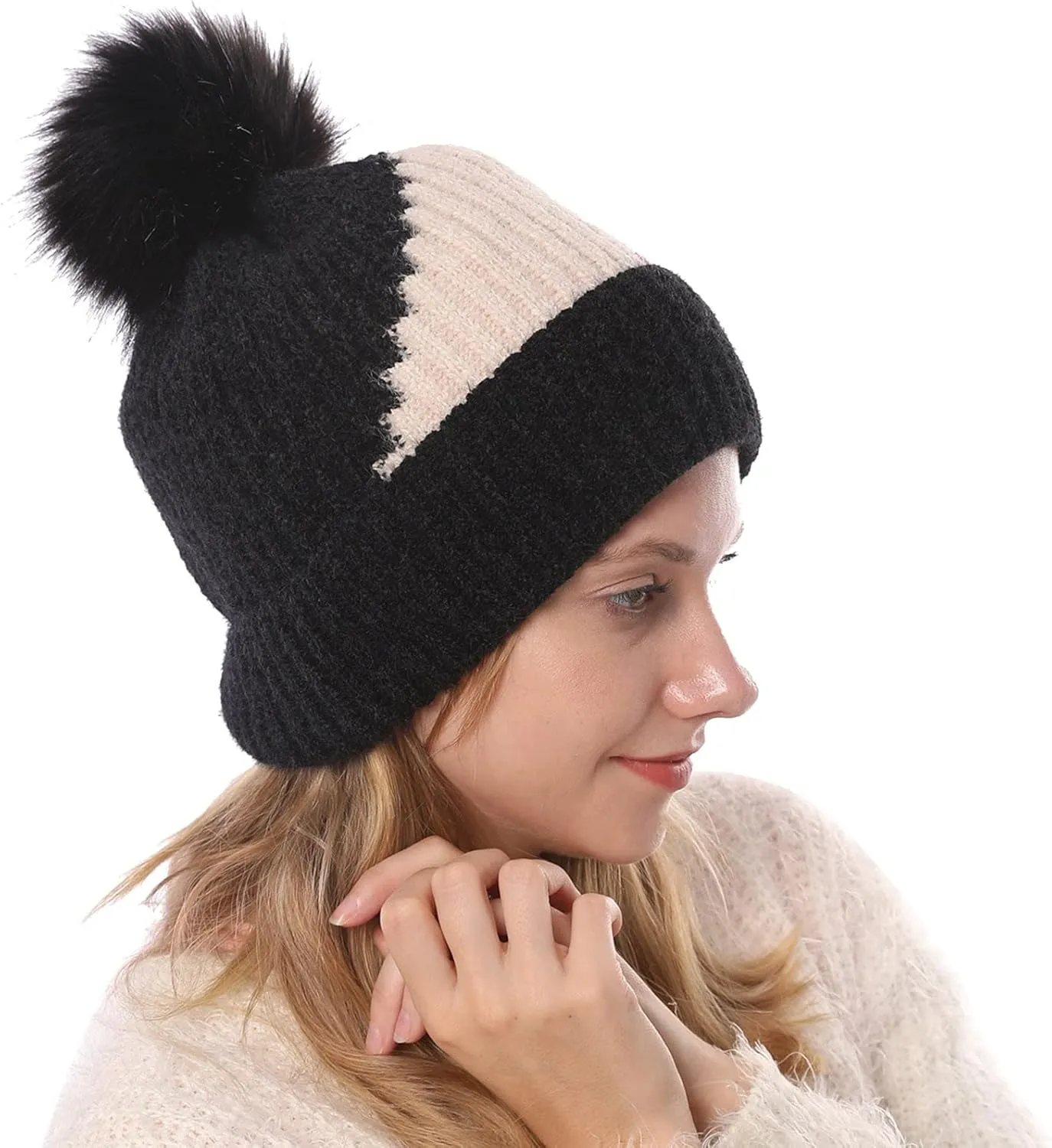 Womens Winter Beanie Hat Fashion Knit Warm Skull Cap with Pom Pom Beanie for Women
