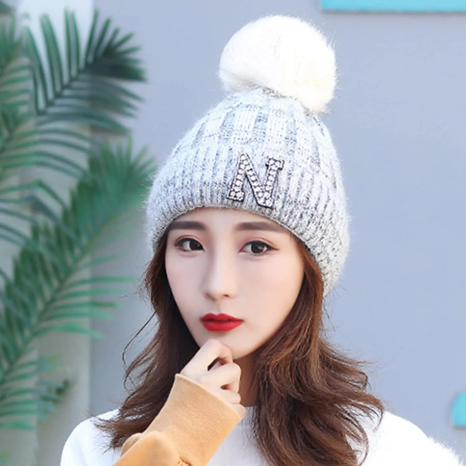 Womens Winter Beanie Hat Fashion Knit Warm Skull Cap with Pom Pom Snow Cuff Beanie Ski Cap