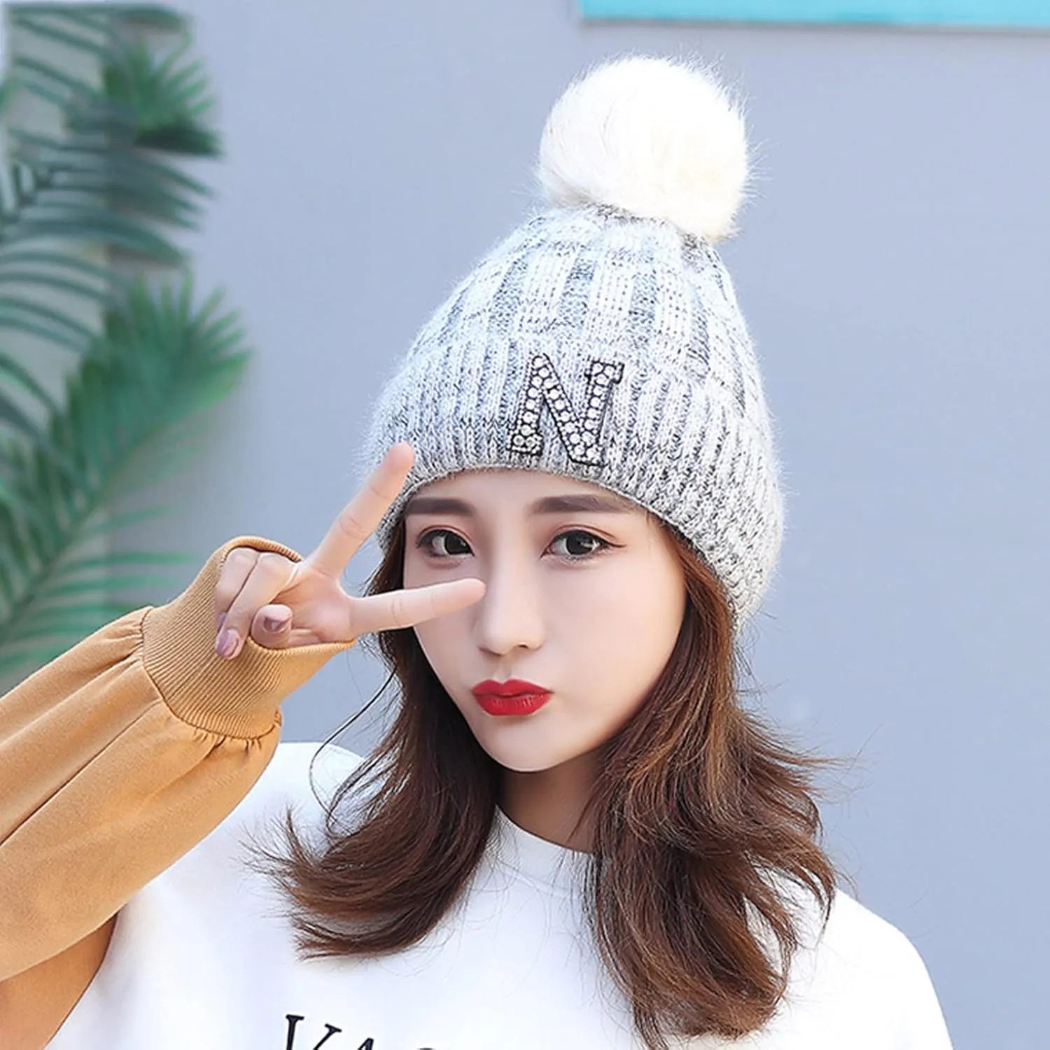 Womens Winter Beanie Hat Fashion Knit Warm Skull Cap with Pom Pom Snow Cuff Beanie Ski Cap