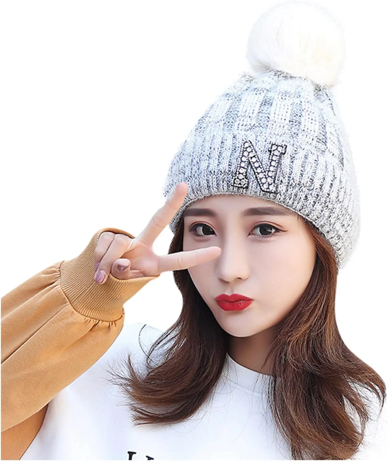 Womens Winter Beanie Hat Fashion Knit Warm Skull Cap with Pom Pom Snow Cuff Beanie Ski Cap