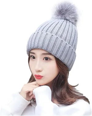 Womens Winter Beanie Hat Fashion Knit Warm Skull Cap with Pom Pom Thick for Cold Weather