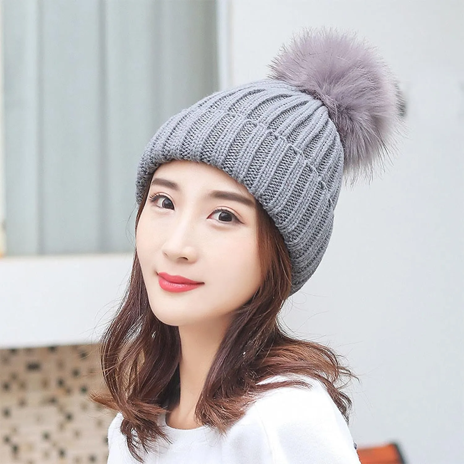 Womens Winter Beanie Hat Fashion Knit Warm Skull Cap with Pom Pom Thick for Cold Weather