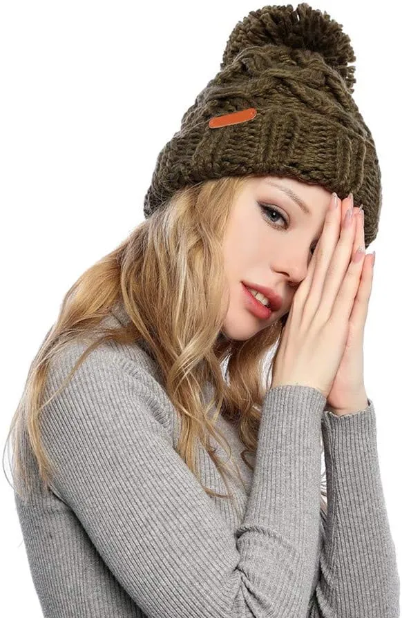 Womens Winter Beanie Hat Warm Fleece Lined Knitted Cap with Pom Pom Beanie for Women
