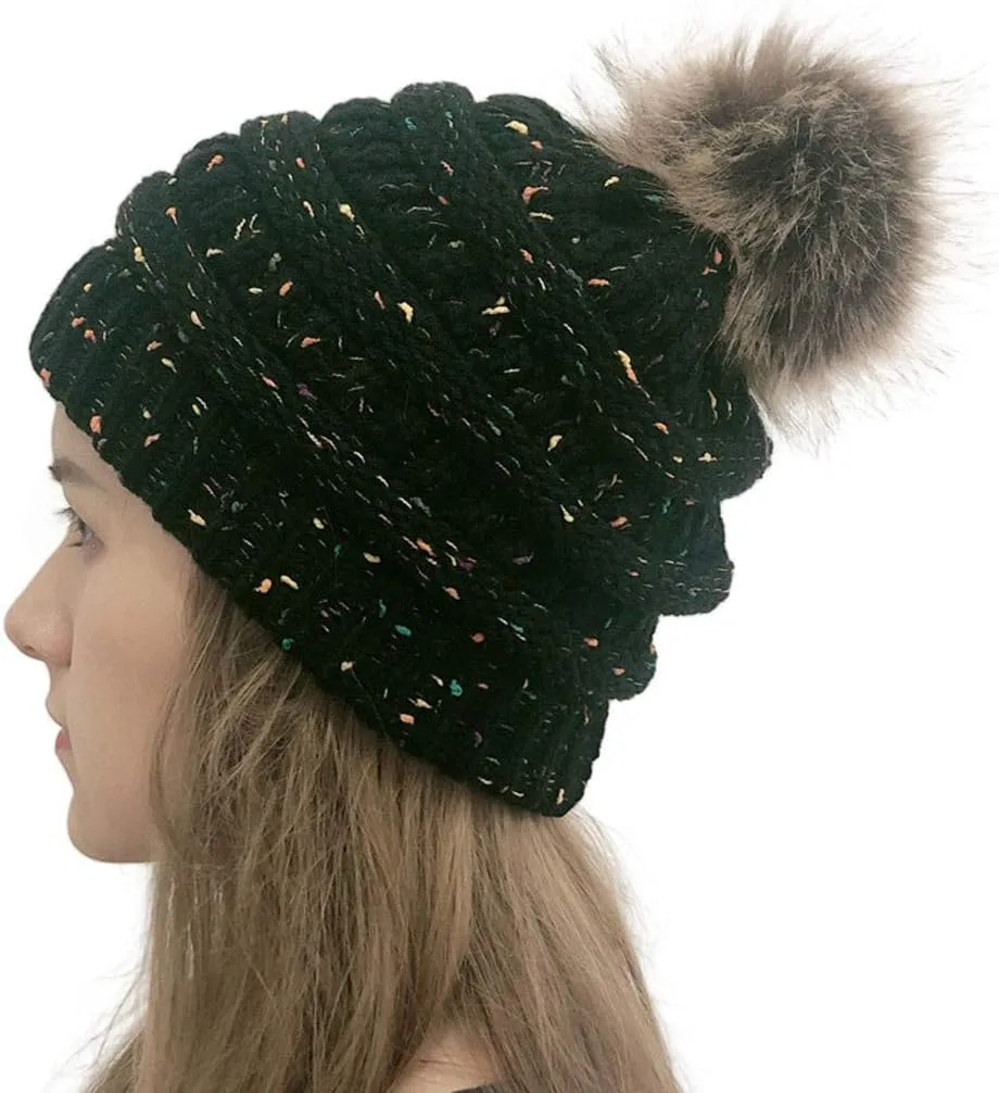 Women's Winter Beanie Warm Fleece Lined Knitted Cap with Pom Pom Beanie for Cold Weather