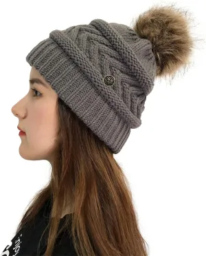 Women's Winter Beanie Warm Fleece Lined Knitted Cap with Pom Pom Beanie for Women