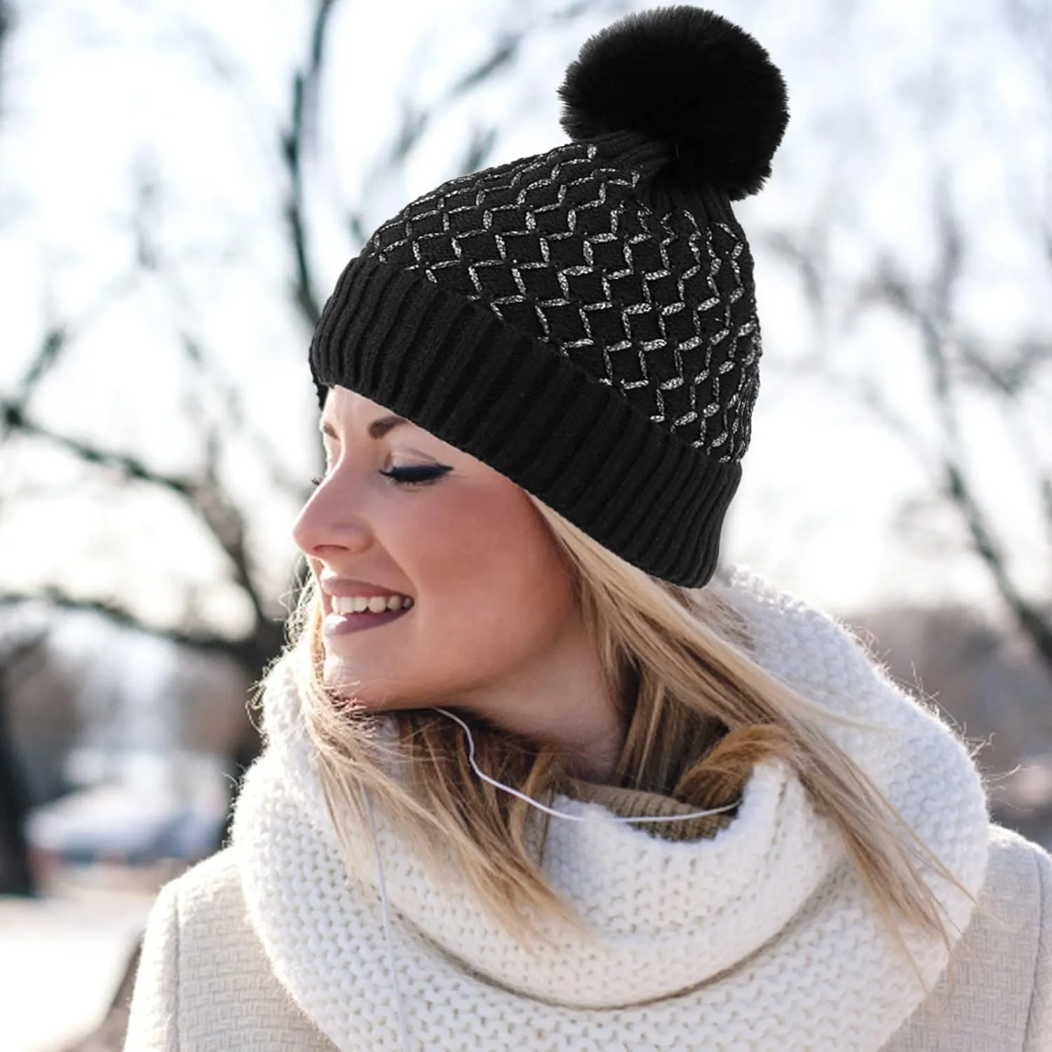 Women's Winter Beanie Warm Fleece Lined Knitted Cap with Pom Pom Beanie for Women