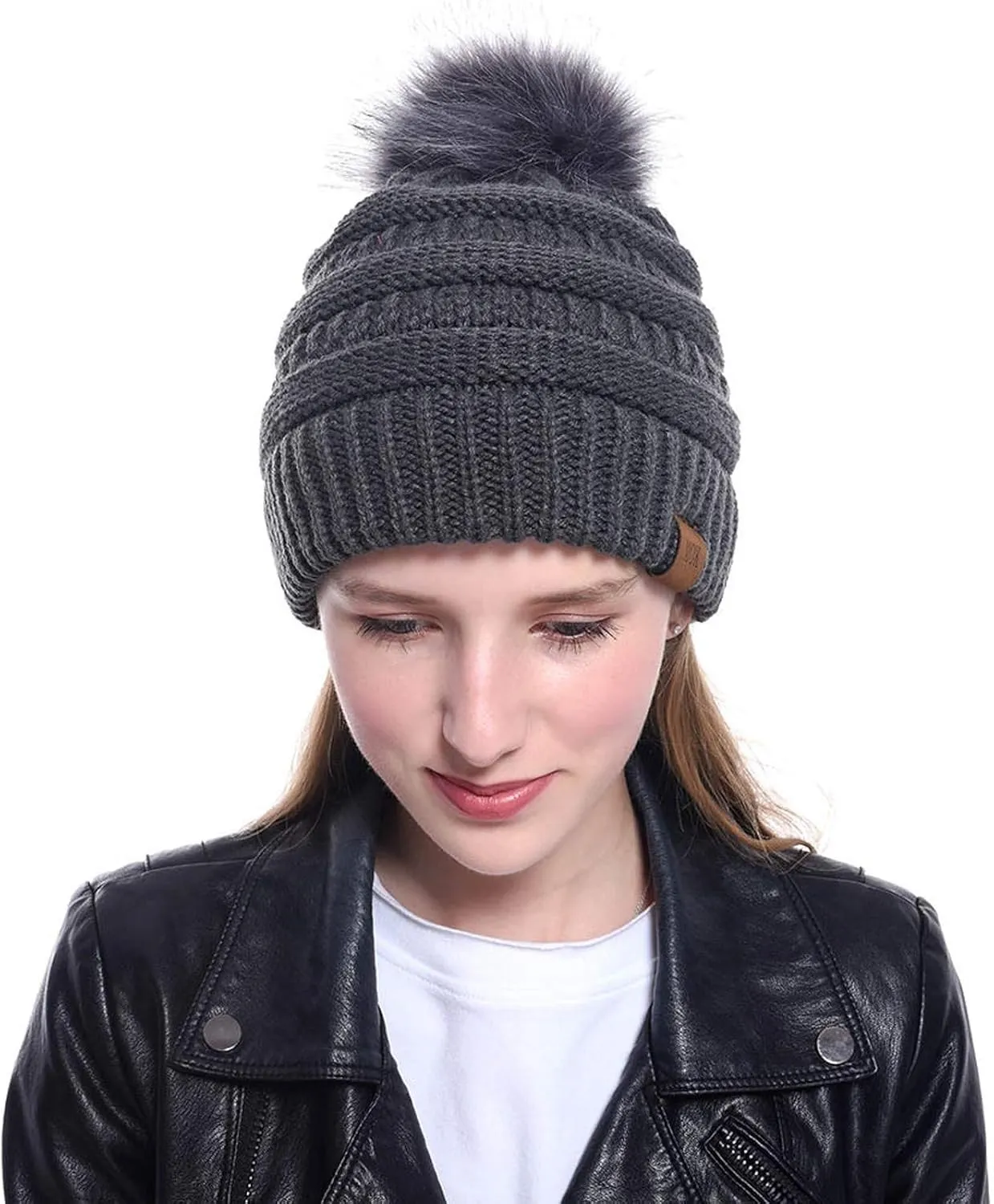 Women's Winter Beanie Warm Fleece Lined Knitted Cap with Pom Pom Outdoor Runner Cap