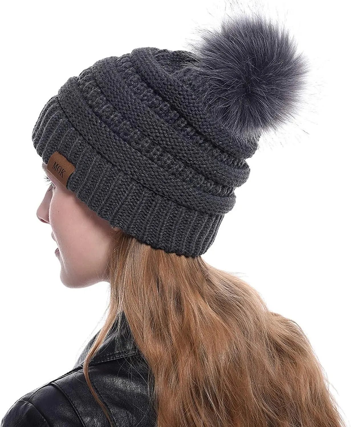 Women's Winter Beanie Warm Fleece Lined Knitted Cap with Pom Pom Outdoor Runner Cap