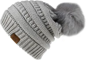 Women's Winter Beanie Warm Fleece Lined Knitted Cap with Pom Pom Outdoor Runner Cap