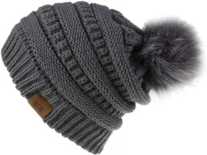 Women's Winter Beanie Warm Fleece Lined Knitted Cap with Pom Pom Outdoor Runner Cap