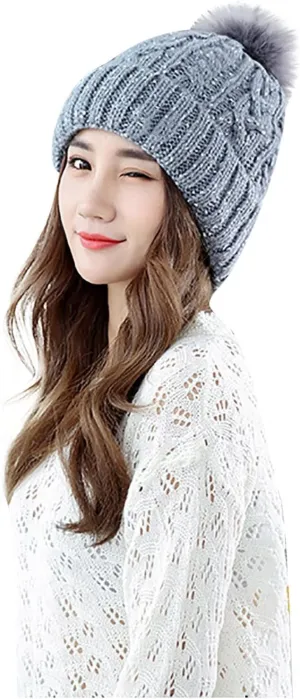 Women's Winter Beanie Warm Fleece Lined Knitted Cap with Pom Pom Snow Cuff Beanie Ski Cap