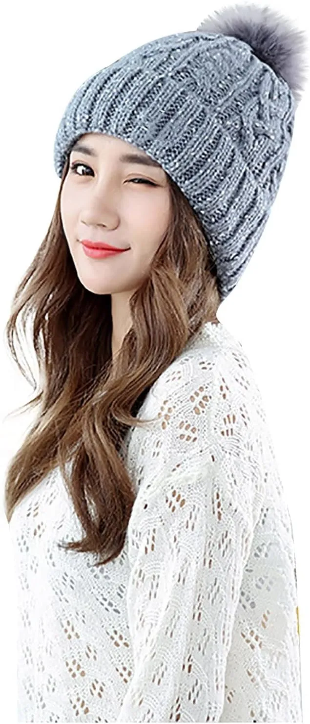 Women's Winter Beanie Warm Fleece Lined Knitted Cap with Pom Pom Snow Cuff Beanie Ski Cap