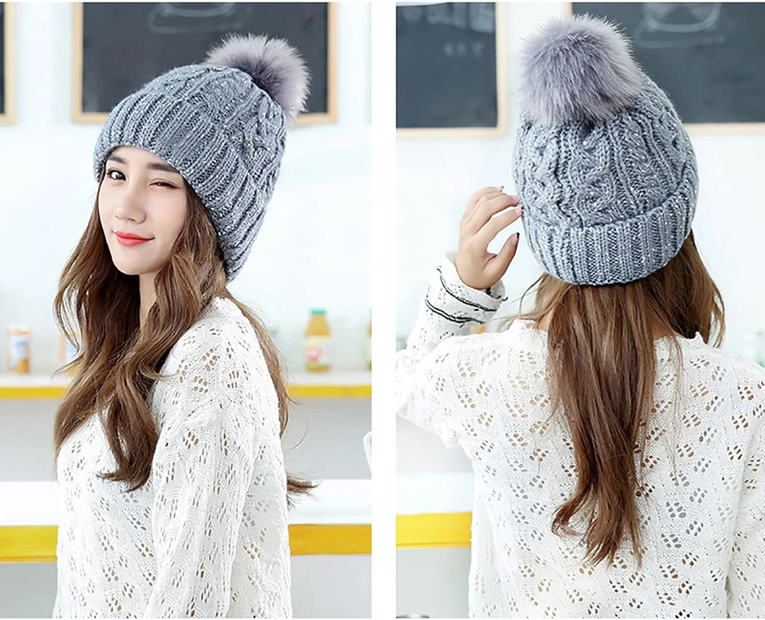 Women's Winter Beanie Warm Fleece Lined Knitted Cap with Pom Pom Snow Cuff Beanie Ski Cap